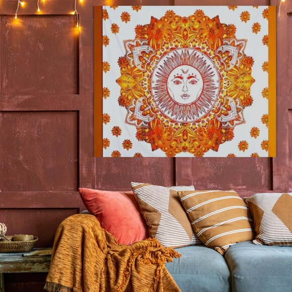 BRAND NEW Queen Size Large Cotton Cosmic Sun Stars Orange Gold Boho Tapestry - Picture 1 of 4